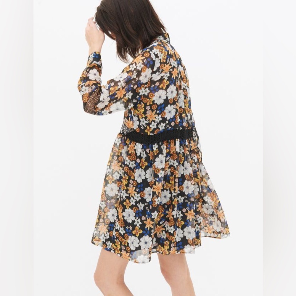 Sandro Black Floral Long-Sleeve Shirt Dress with Brown and Blue Accents